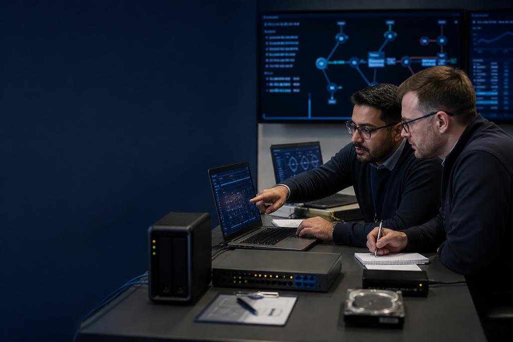 Illustratieve securityconsultants die systemen, scanmeldingen, risicocontext, wijzigingsopties en hercontrole beoordelen
