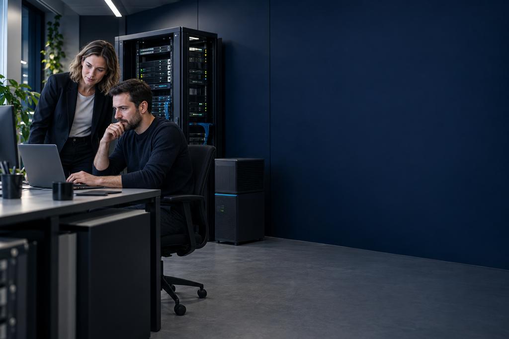 Illustratieve serverbeheerder en applicatie-eigenaar die serverdienst, database, wachtrij, monitoring, back-up en een bedrijfsactie controleren