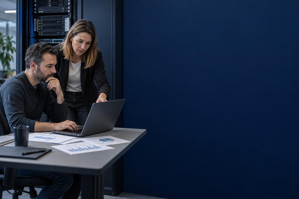 Illustratieve infrastructuurspecialist en applicatie-eigenaar die serverbelasting, databaseverbindingen, workers, wachtrijen, opslag en een medewerkerstaak beoordelen