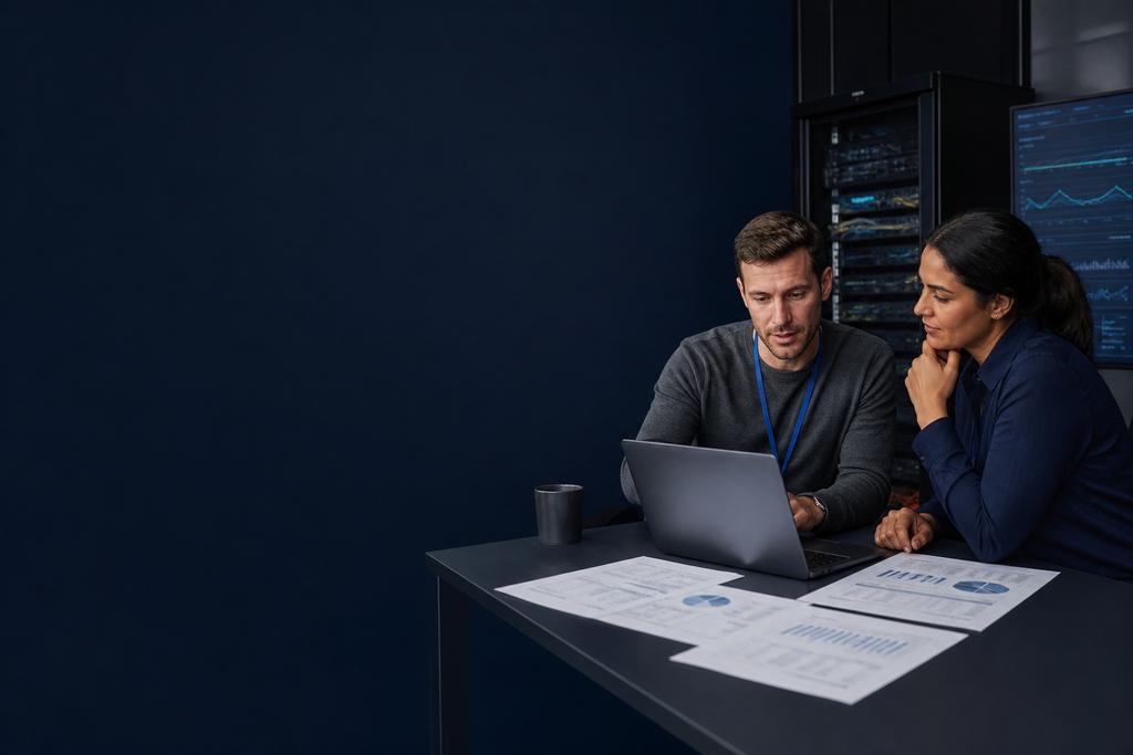 Illustratieve capaciteitsspecialist en service-eigenaar die serverbelasting, piekmomenten, vrije ruimte en gerichte verbeteracties beoordelen