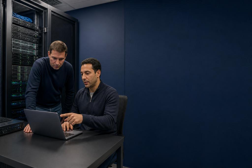 Illustratieve servertechnicus en capaciteitsspecialist die fysieke host, geheugen, storage, voeding, sensoren en uitbreidbaarheid beoordelen