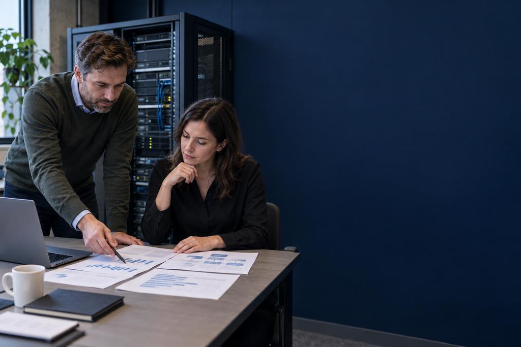 Illustratieve web- en infrastructuurspecialisten die toekomstige servercapaciteit voor bezoekers, API-verzoeken, database en wachtrijen plannen