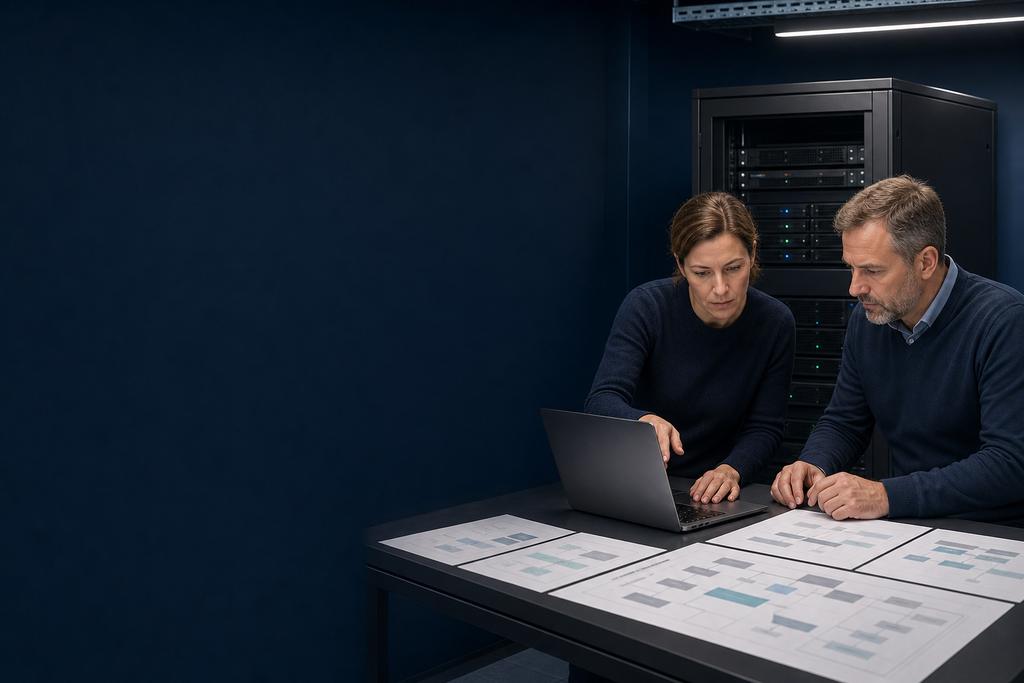 Illustratieve serverplanner en ICT-eigenaar die resterende capaciteit en vervanging van een verouderde serveromgeving plannen