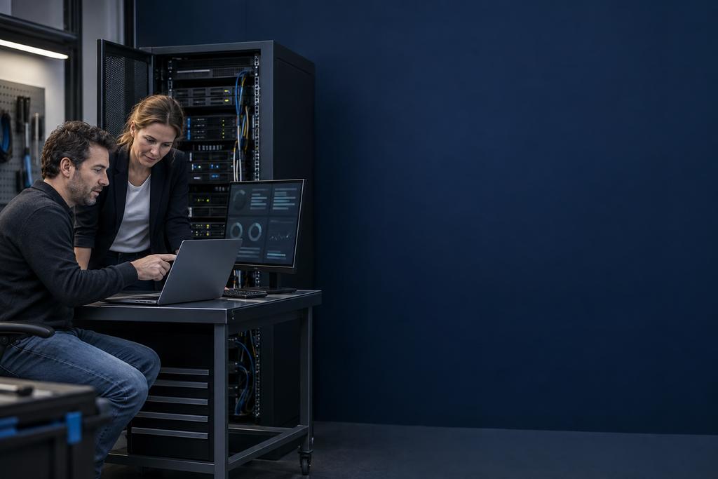 Illustratieve infrastructuurassessor en applicatie-eigenaar die applicatieserver, databaseverbinding, taken, opslag, logging en back-up beoordelen