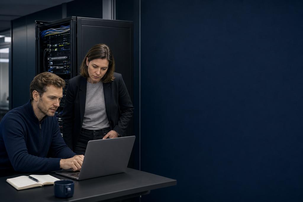 Illustratieve server- en securityspecialisten die updategeschiedenis, actieve configuratie, services, monitoring en terugweg vergelijken