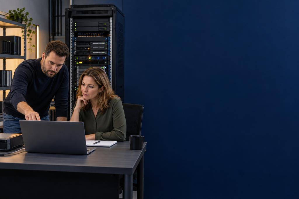 Illustratieve recovery engineer en applicatie-eigenaar die softwareversie, database, documenten, achtergrondtaken en medewerkerstaak herstellen