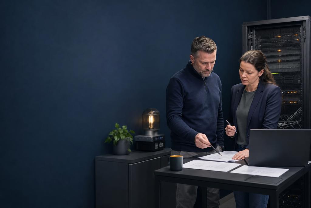 Illustratieve backupspecialist en bedrijfseigenaar die belangrijke taken, gegevens, bewaartermijnen en herstelprioriteiten bespreken