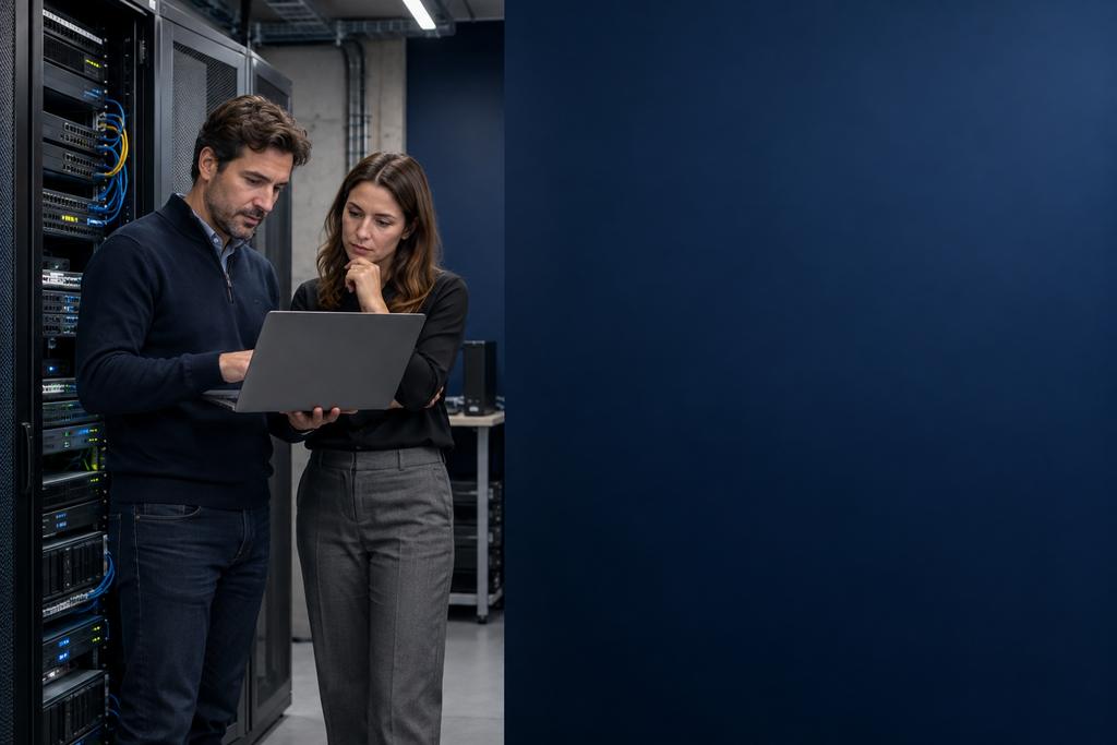 Illustratieve hostingengineer en applicatie-eigenaar die applicatieprocessen, database, workers, wachtrijen, back-up en herstel controleren