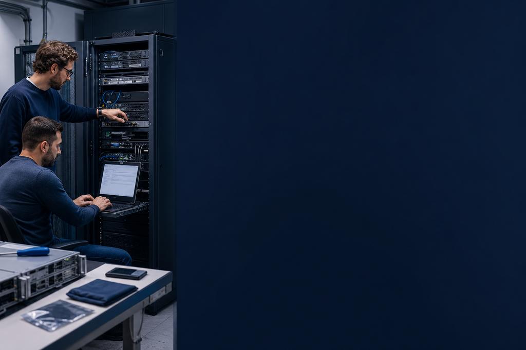 Illustratieve infrastructuurspecialisten die gehoste identiteit, DNS, fileserver, groepsrechten en herstel inrichten