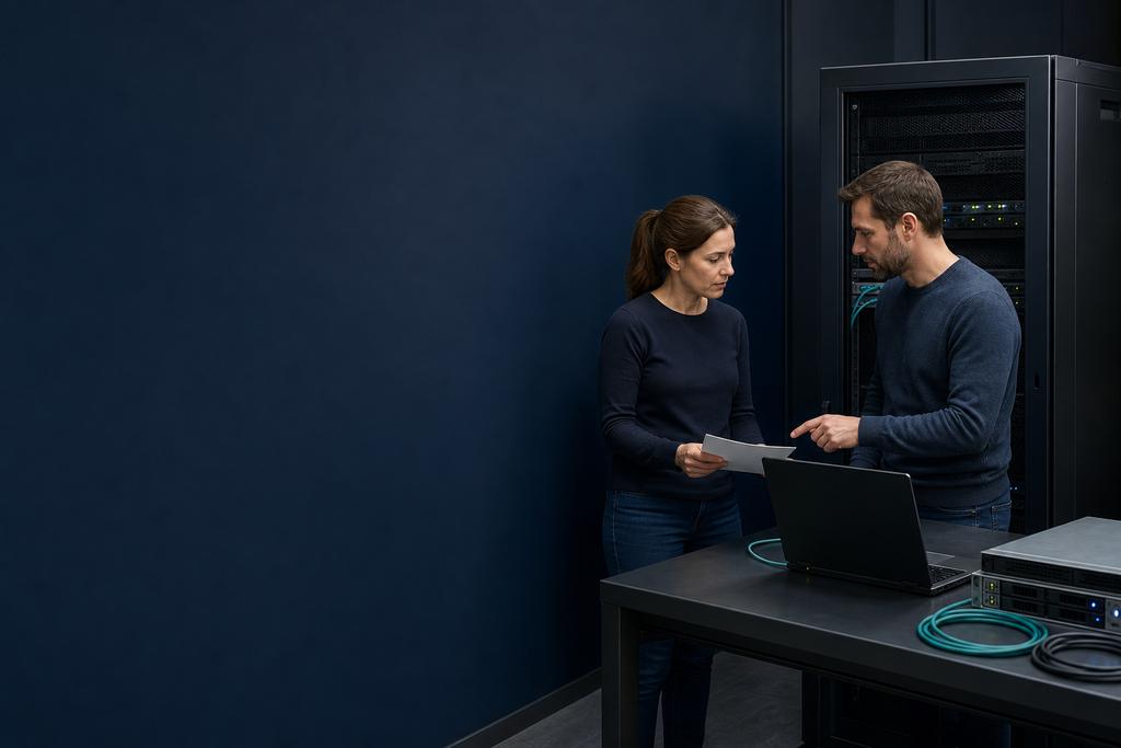Illustratieve testengineer en service-eigenaar die gehoste server, back-up, afgescheiden herstel en applicatietaak controleren