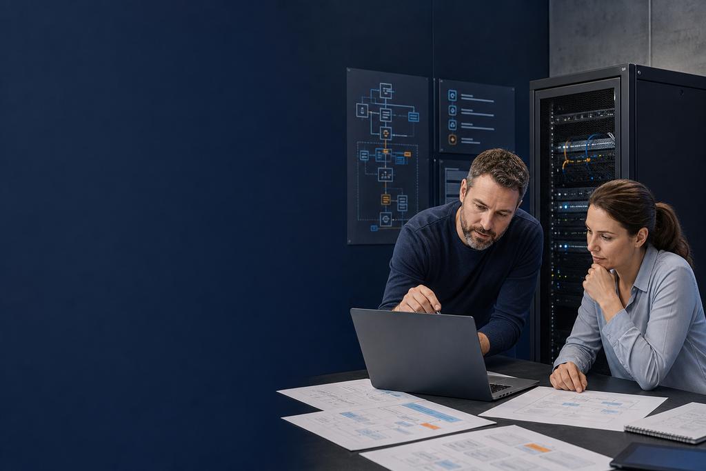 Illustratieve infrastructuurarchitect en service-eigenaar die serverplaatsing, beheergrenzen, back-up, herstel en exit ontwerpen