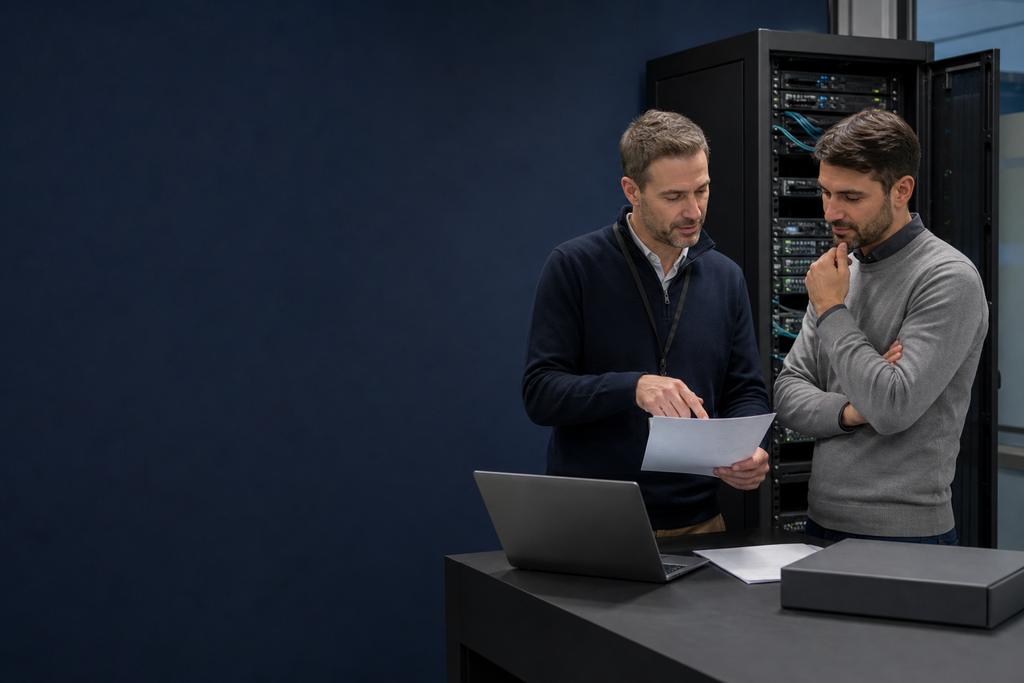 Illustratieve integratie- en serverspecialisten die endpoint, certificaat, berichtenwachtrij, database en partnerbevestiging controleren