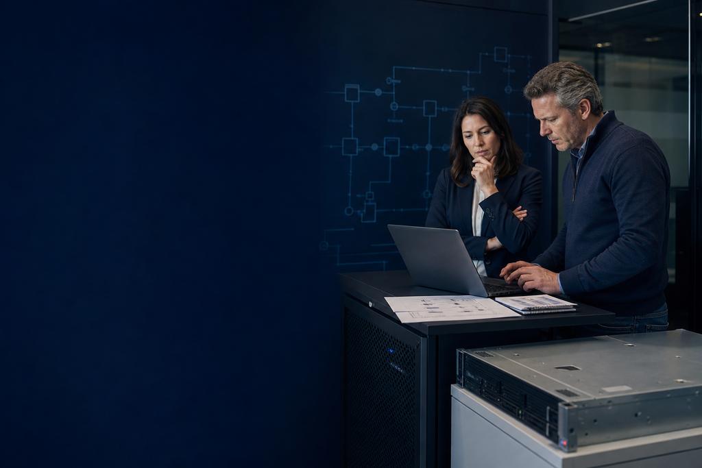 Illustratieve VMware-migratieadviseur en service-eigenaar die mogelijke doelplatformen, risico’s, beheer, herstel, kosten en uitstapmogelijkheden vergelijken voor een organisatie rond Nijmegen