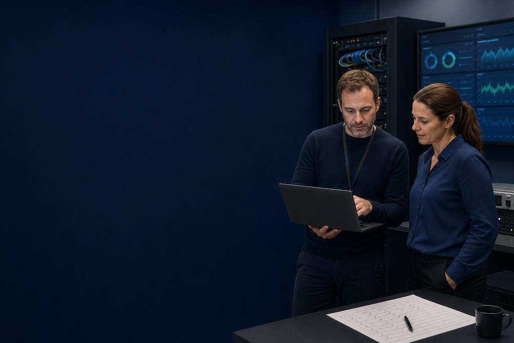 Illustratieve backupspecialist en bedrijfseigenaar die onderzoeken waarom backups zijn onzeker en welke herstelproef zekerheid geeft