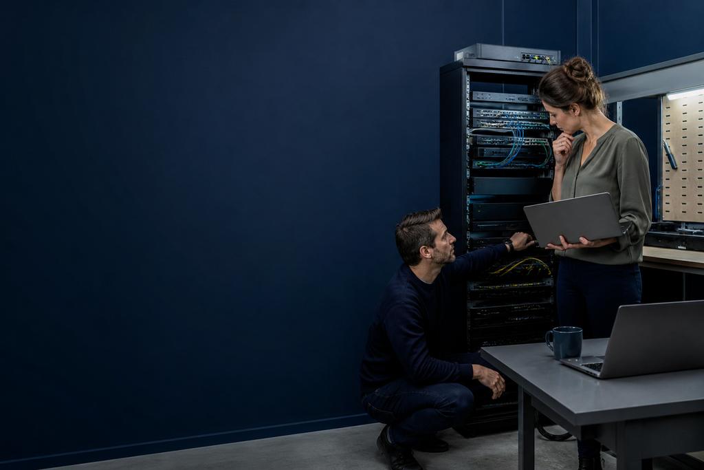 Illustratieve IT- en OT-specialisten die in een veilige testopstelling onderzoeken waarom backups zijn onzeker voor server- en gatewayconfiguraties