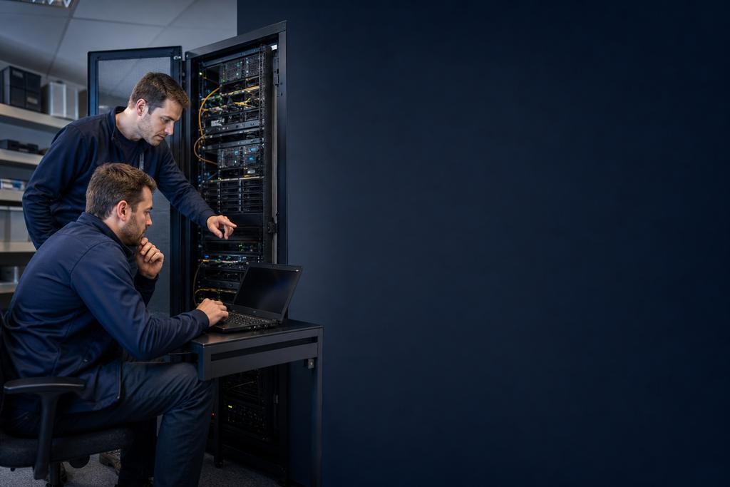 Illustratieve IT-incidentengineer en productie-eigenaar die serverroute, netwerkgrens, veilige toestand en tijdelijke gegevenshervatting afstemmen