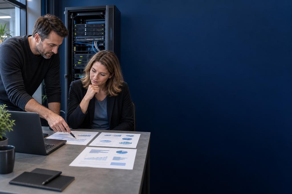 Illustratieve performance engineer en applicatie-eigenaar die serverbelasting, databasevragen, workers, wachtrijen en dezelfde medewerkerstaak vóór en na vergelijken