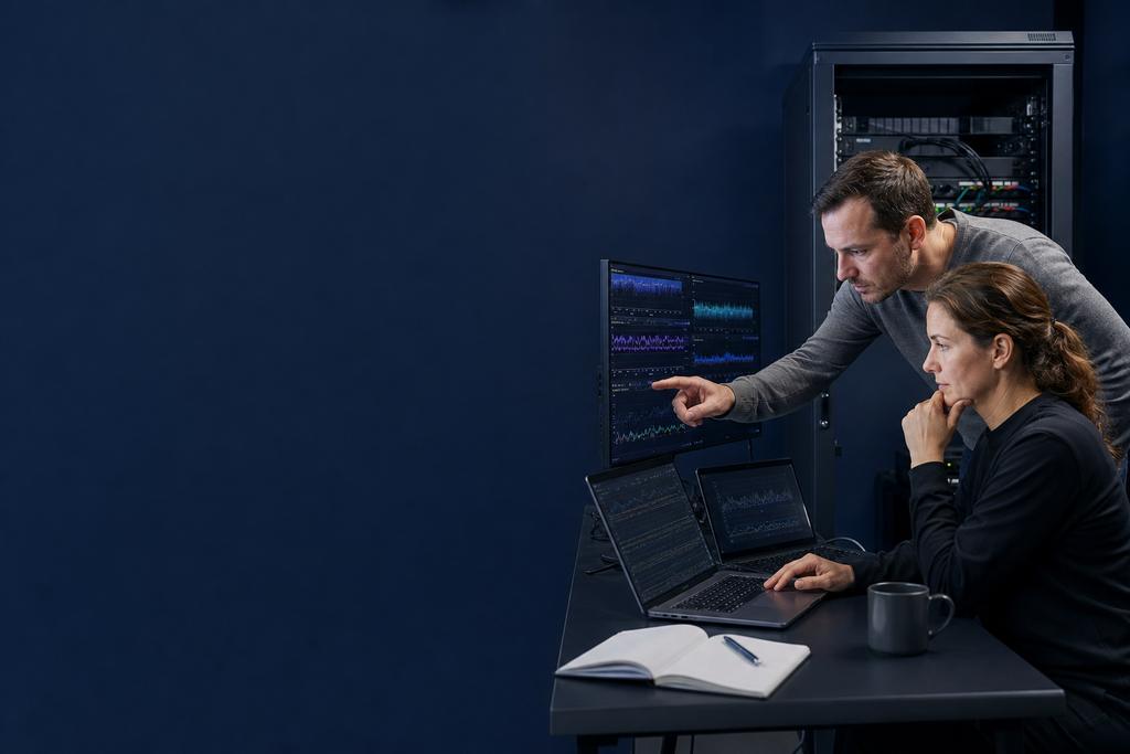Illustratieve performancetester en service-eigenaar die bronserver, netwerk, back-upopslag en een herstelproef vergelijken