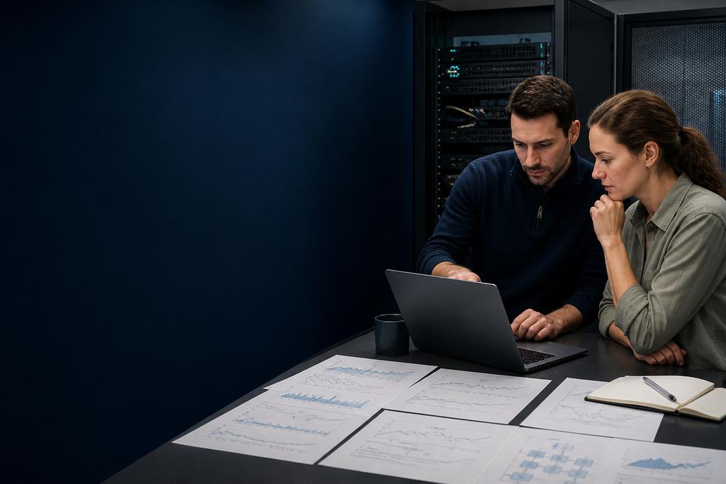 Illustratieve performance engineer en applicatie-eigenaar die een trage gebruikerstaak, serverbelasting en één gerichte verbetering onderzoeken