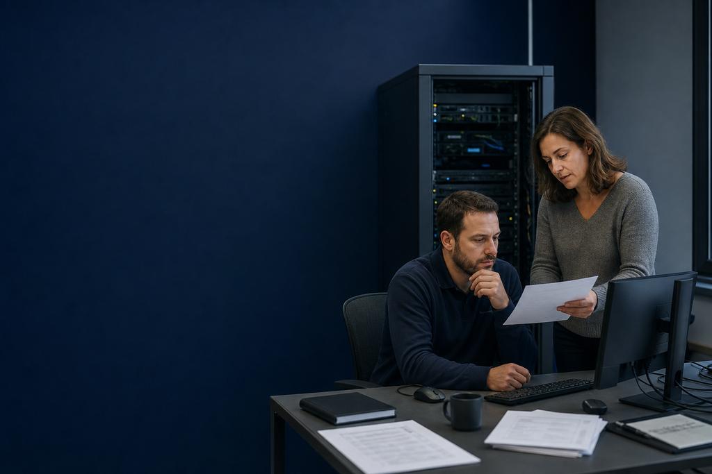Illustratieve herstelspecialist en proceseigenaar die serverback-up, gegevensstand, applicatie en veilige terugkeer controleren