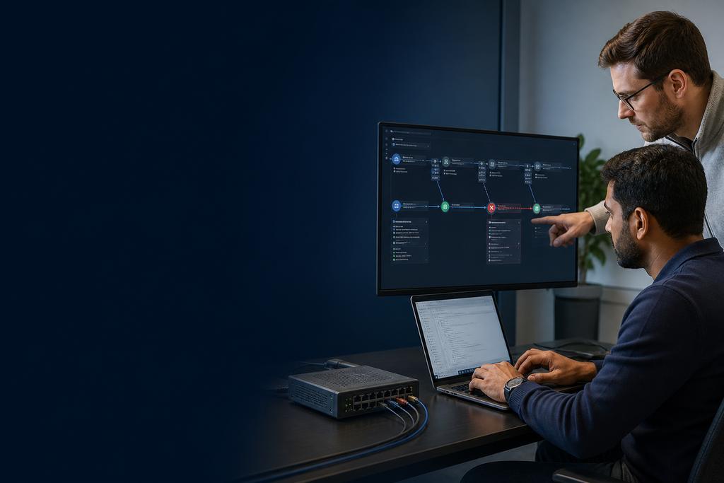 Illustratieve software-engineers die gegevens en koppelingen controleren waar software verouderd is