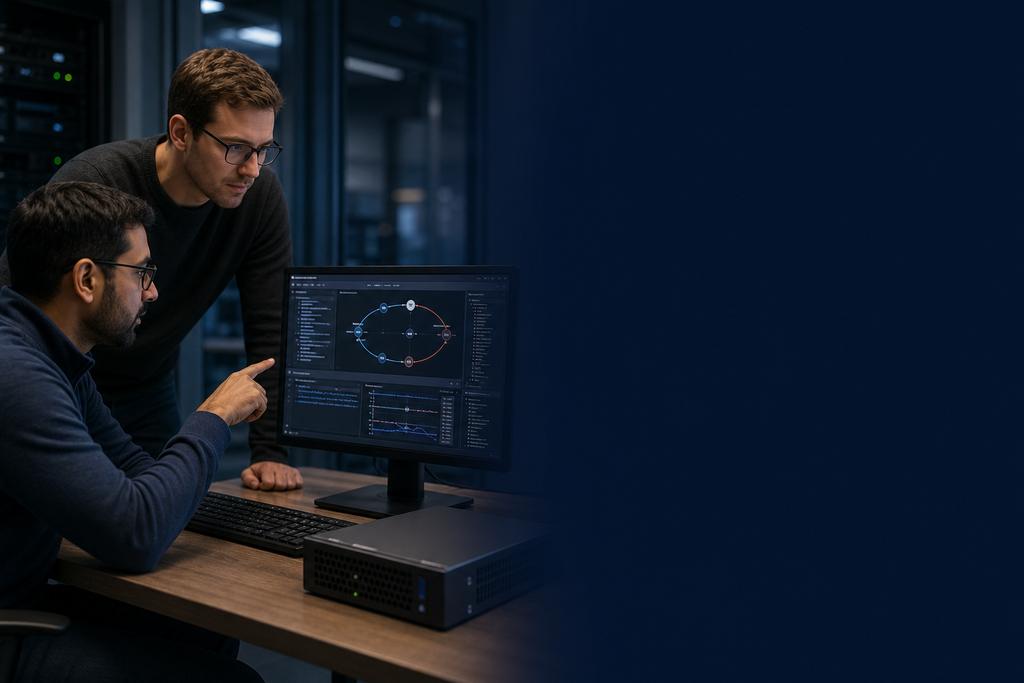 Illustratieve software- en database-engineers die een dataverandering in weinig flexibele software controleren