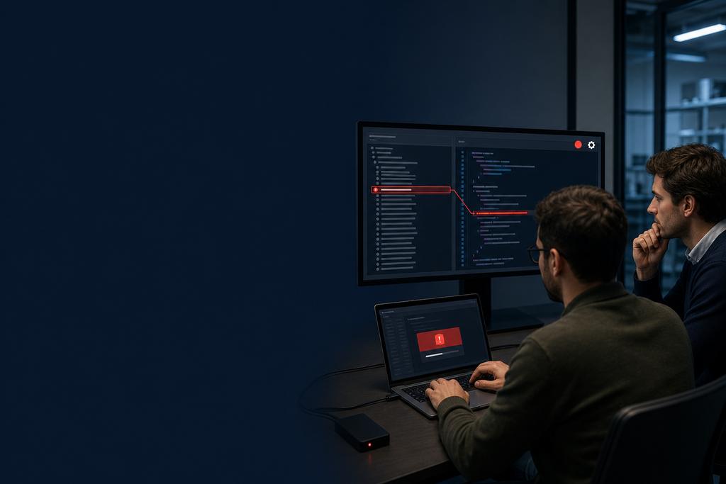 Illustratieve software-engineer en beheerder die een vastgelopen softwarekoppeling onderzoeken