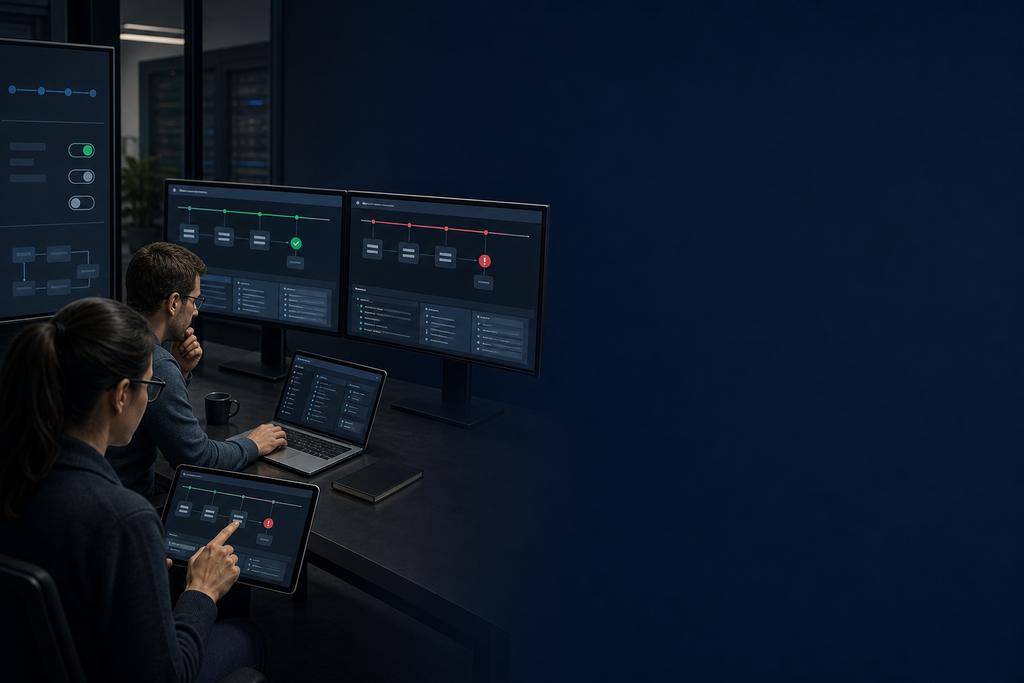 Illustratieve Access-specialisten die een verouderd Access-systeem en oude werkplekcomponenten gecontroleerd vernieuwen