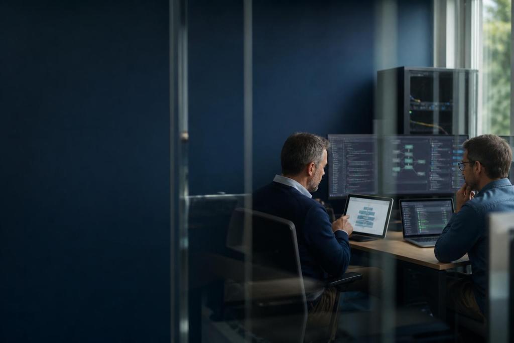 Illustratieve ICT-specialisten die onderzoeken waarom bedrijfssoftware moeilijk aanpasbaar is