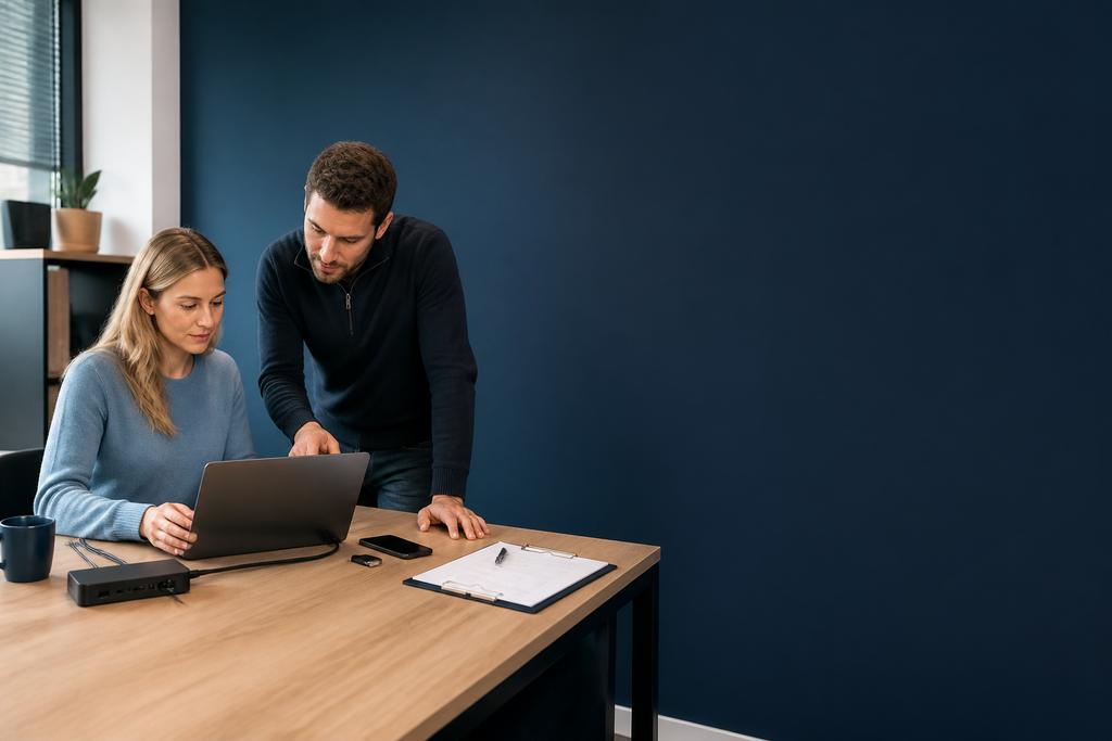 Illustratieve MKB-eigenaar en werkplektechnicus die laptop, reserveapparaat, dock, garantie en vervangingsplanning bespreken
