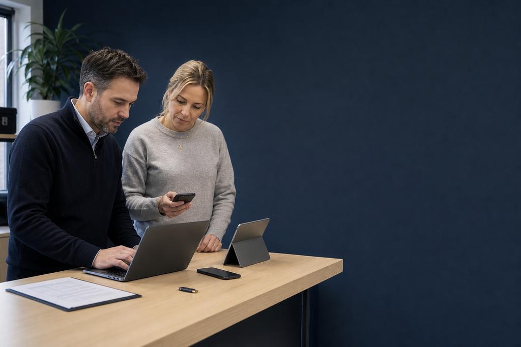 Illustratieve MKB-eigenaar en softwarebeheerder die oude toepassing, vaste versie, databasekoppeling en overdraagbare installatie controleren