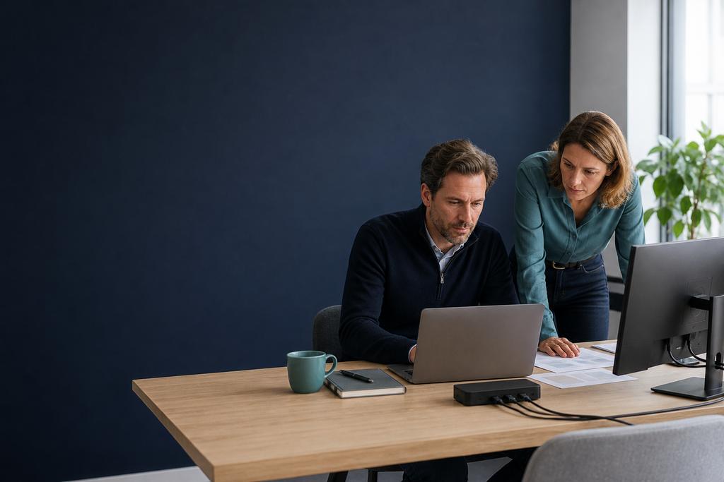 Illustratieve MKB-manager en ICT-coördinator die internet-, Microsoft 365- en softwareleveranciers rond één werkplekprobleem afstemmen