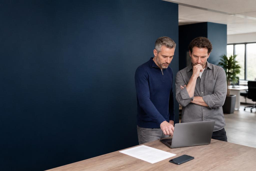 Illustratieve MKB-ondernemer en ICT-beheeradviseur die laptop, Microsoft 365, supportafspraken en apparatenplanning bespreken