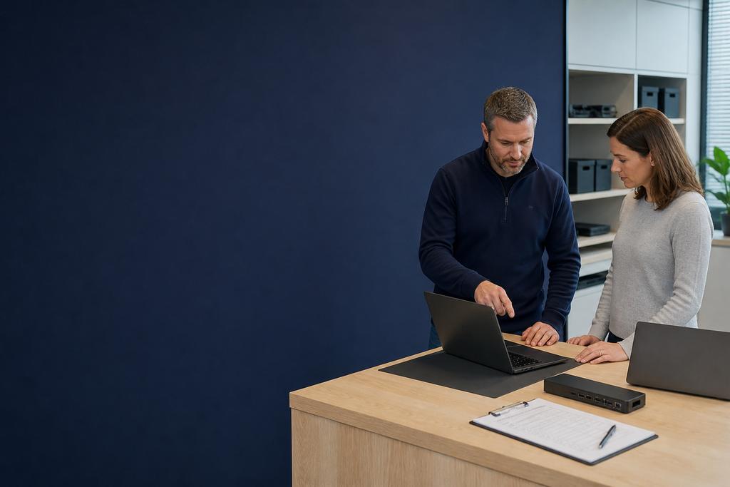 Illustratieve ICT-technicus en beslisser die vernieuwing, apparatuur, fasering en overdraagbaarheid van de roadmap controleren