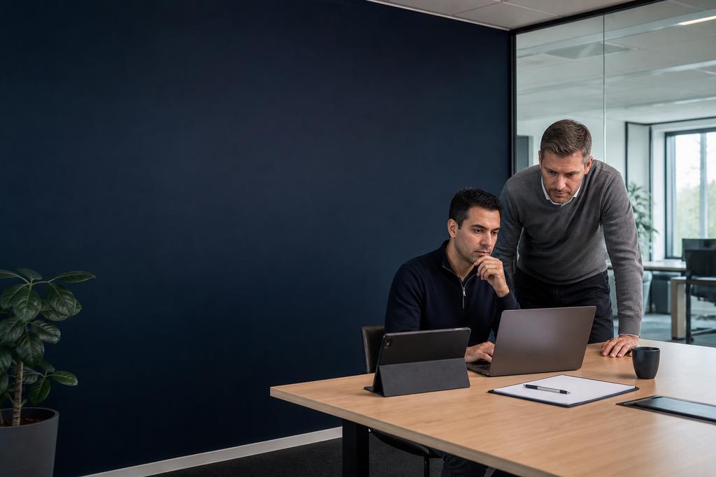 Illustratieve IT-servicebeheerder en service-eigenaar die digitale diensten, policies en wijzigingen beoordelen