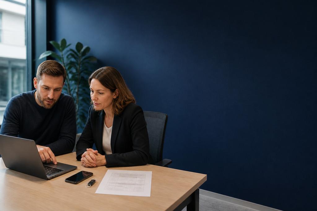 Illustratieve IT-securityspecialist en beslisser die beheerrechten, beveiligingsmeldingen en herstelbewijs beoordelen