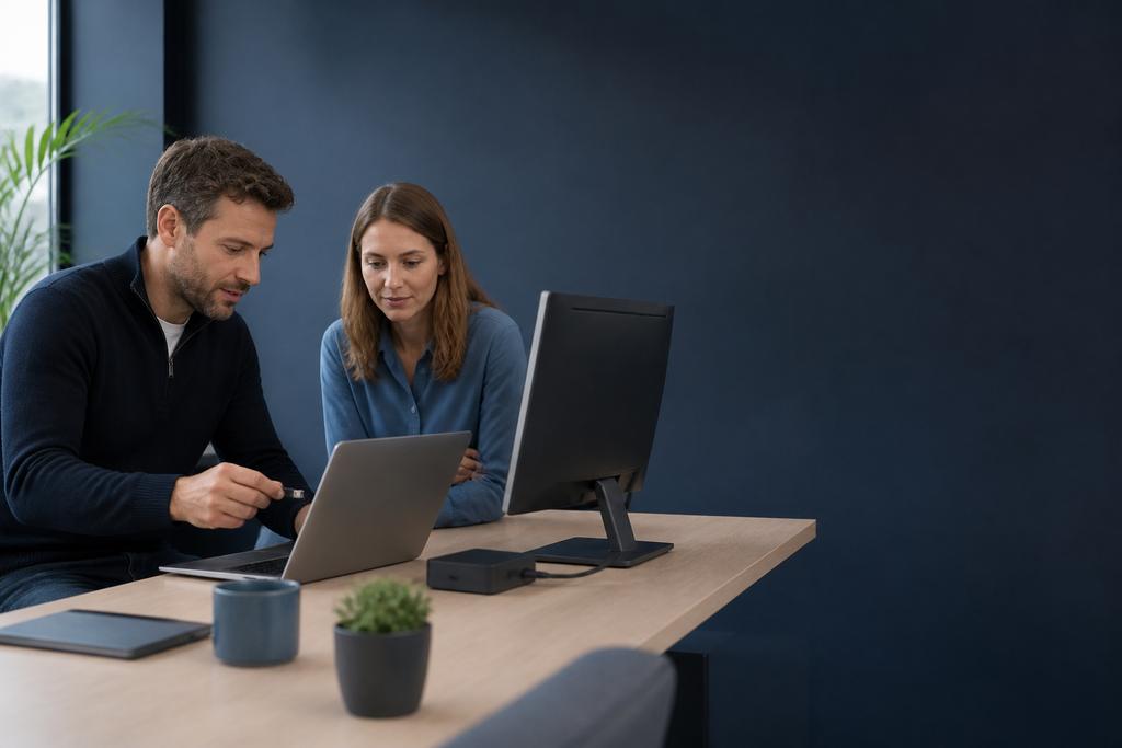 Illustratieve IT-specialist en medewerker die samen een supportvraag onderzoeken en het herstelde digitale werk controleren