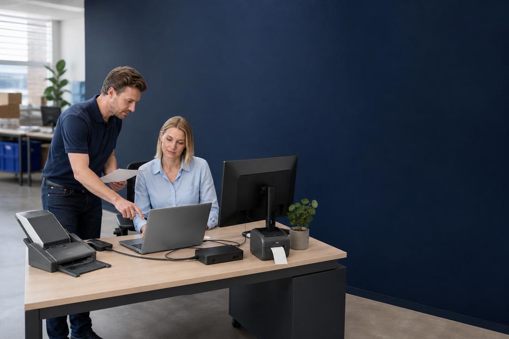 Illustratieve medewerker en ICT-technicus die scanner, browser, Microsoft 365-opslag en leveranciersportaal op een werkplek testen tijdens het inrichten van een werkplek