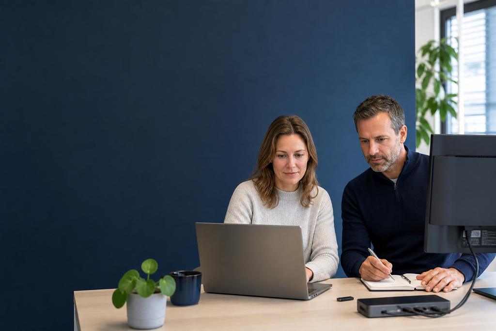 ICT-specialist en medewerker onderzoeken samen een OneDrive-synchronisatieprobleem op een zakelijke werkplek