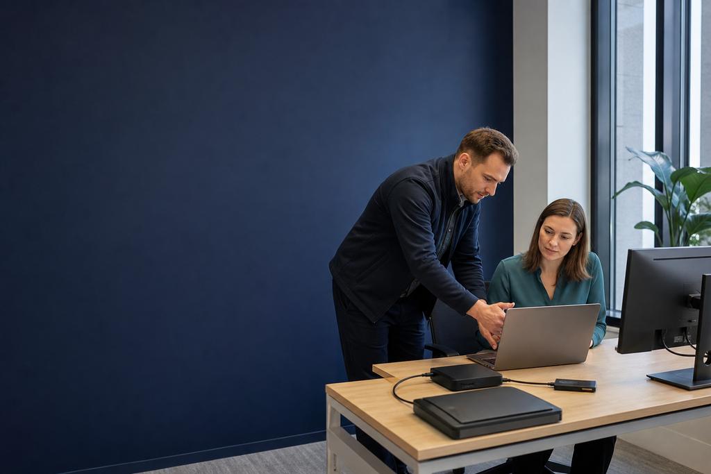 ICT-specialist en medewerker controleren werkplek en netwerkverbinding bij een OneDrive-synchronisatieprobleem