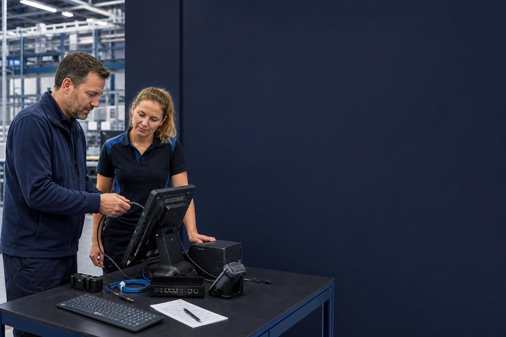 Illustratieve ICT-technicus en werkvloercoördinator die terminal, scanner, printer en softwareversies in een proefcel controleren