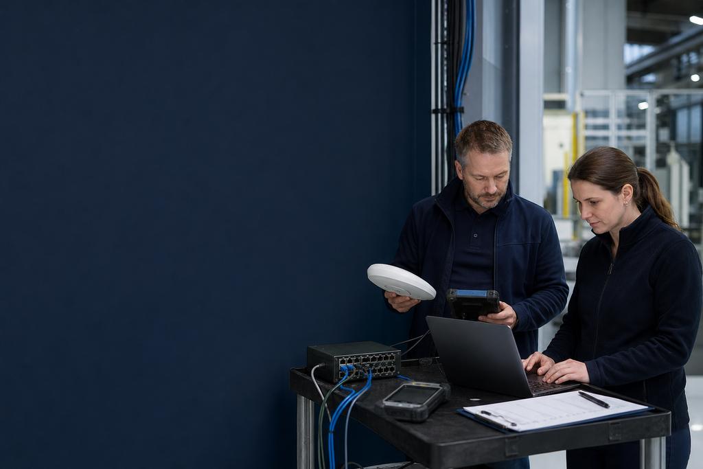 Illustratieve netwerkengineer en werkvloermedewerker die rugged terminal, accesspoint en applicatiestatus tijdens een looproute testen