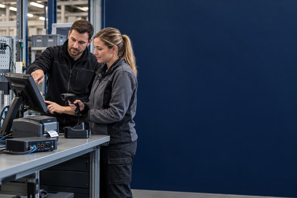 Illustratieve applicatiespecialist en werkvloermedewerker die kiosk, touchscreen, scanner, printer en volledige gebruikersroute testen