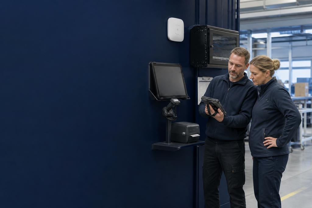 Illustratieve operationeel ICT-specialist en werkvloercoördinator die terminal, scanner, labelprinter, accesspoint en netwerkbehuizing inventariseren