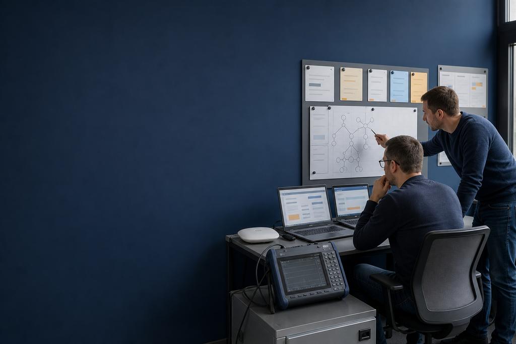 Illustratieve WiFi-specialisten die netwerkgegevens en een gebruikersprobleem op laptop en meetapparaat analyseren