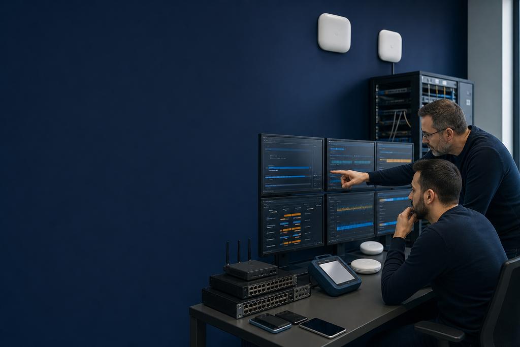 Illustratieve WiFi-specialisten die roaming tussen verdiepingen en de bijbehorende applicatiereactie analyseren