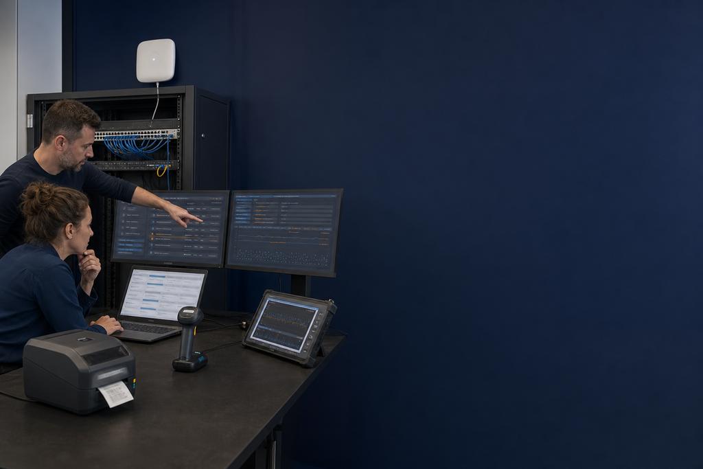 Illustratieve WiFi-specialisten die met meetapparatuur en handscanner een hapering tussen kantoor en werkvloer analyseren