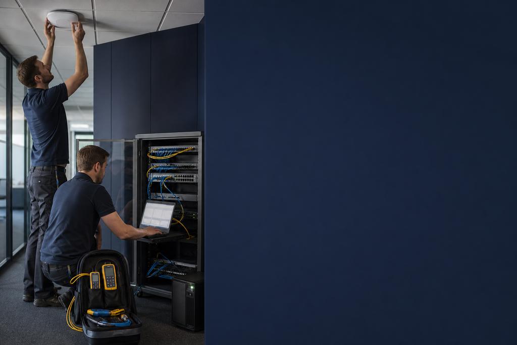 Illustratieve WiFi-installateurs die accesspoints, verticale kabelroutes en roaming tussen verdiepingen van een bedrijfsgebouw controleren