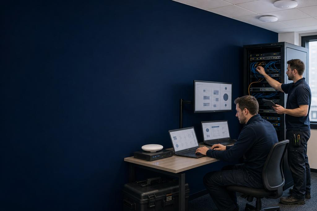 Illustratieve WiFi-installateurs die accesspoints, bekabeling, PoE en een gebruikersroute in een bedrijfsgebouw in gebruik nemen