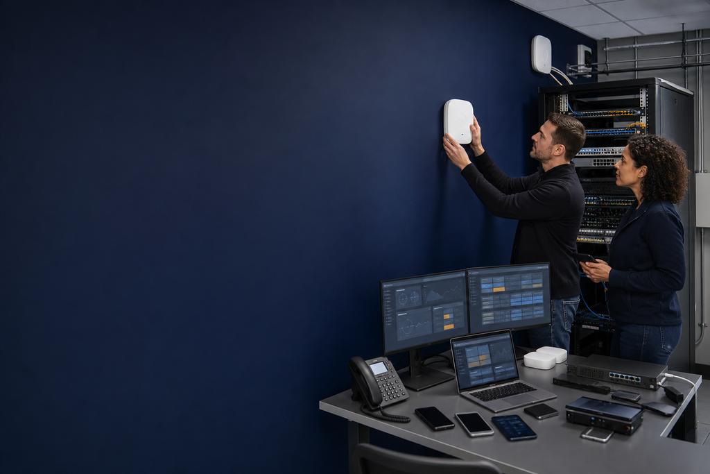 Illustratieve WiFi-installateurs die oude en nieuwe accesspoints tijdens een gefaseerde omschakeling in een bedrijfsgebouw controleren
